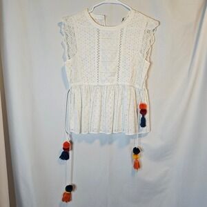 Zara Eyelet Peplum Top Women S White Boho Pom Pom Tassel Blouse DESC
